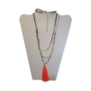 Colorful Beaded Multi-strand Orange Tassel Necklace Signed V 28"-31"